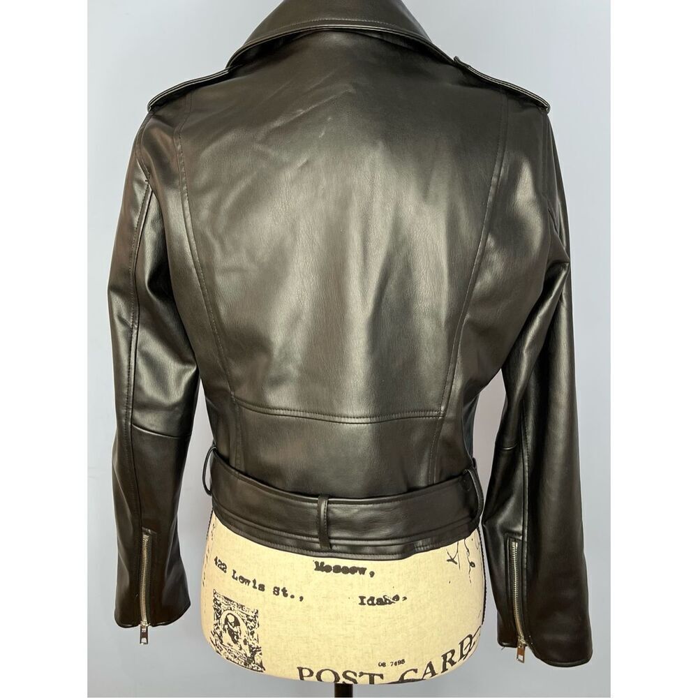 Zara US Medium Black Faux Leather Motorcycle Moto Jacket Pockets - Picture 13 of 13